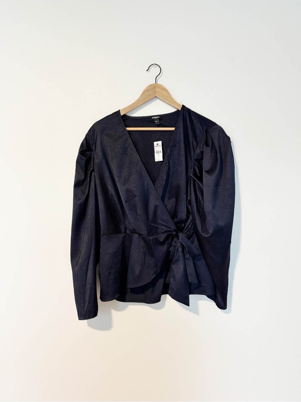 Express Wrap-Front Navy Puff Sleeve Snake Print Blouse Top